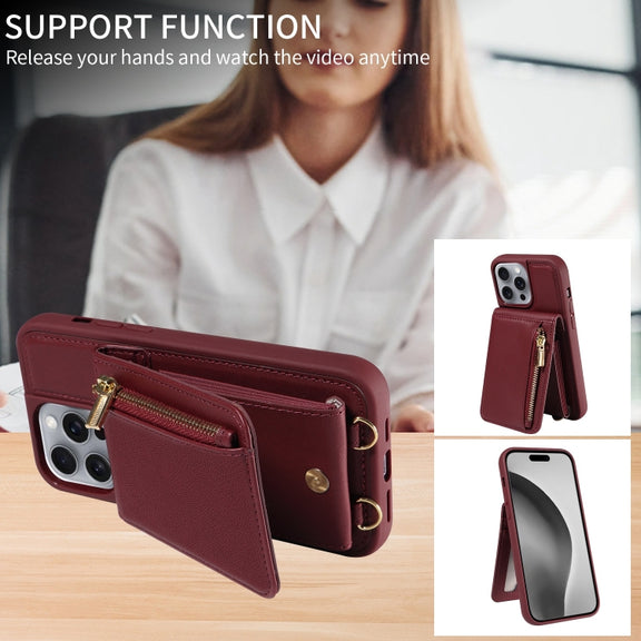 For iPhone 16 Pro Max Crossbody Lanyard Zipper Wallet Leather Phone Case(Wine Red)