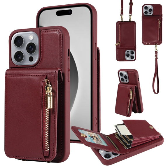 For iPhone 16 Pro Max Crossbody Lanyard Zipper Wallet Leather Phone Case(Wine Red)