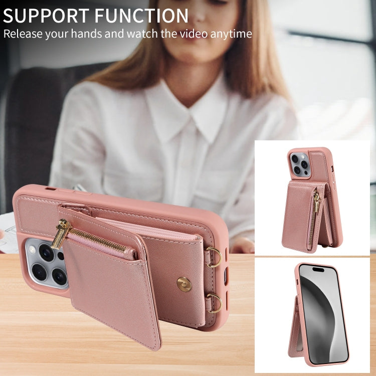 For iPhone 16 Pro Max Crossbody Lanyard Zipper Wallet Leather Phone Case(Rose Gold)
