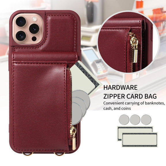 For iPhone 16 Pro Crossbody Lanyard Zipper Wallet Leather Phone Case(Wine Red)