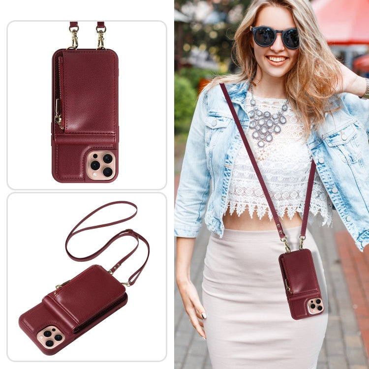 For iPhone 16 Pro Crossbody Lanyard Zipper Wallet Leather Phone Case(Wine Red)