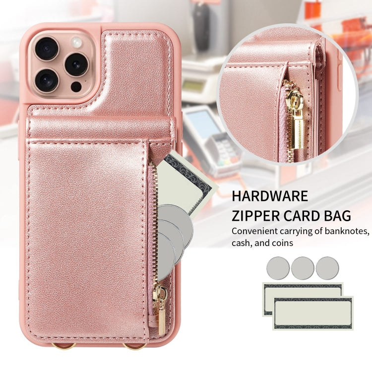 For iPhone 16 Pro Crossbody Lanyard Zipper Wallet Leather Phone Case(Rose Gold)