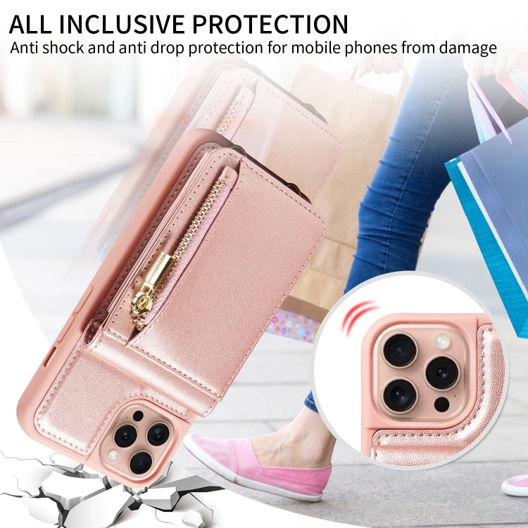 For iPhone 16 Pro Crossbody Lanyard Zipper Wallet Leather Phone Case(Rose Gold)