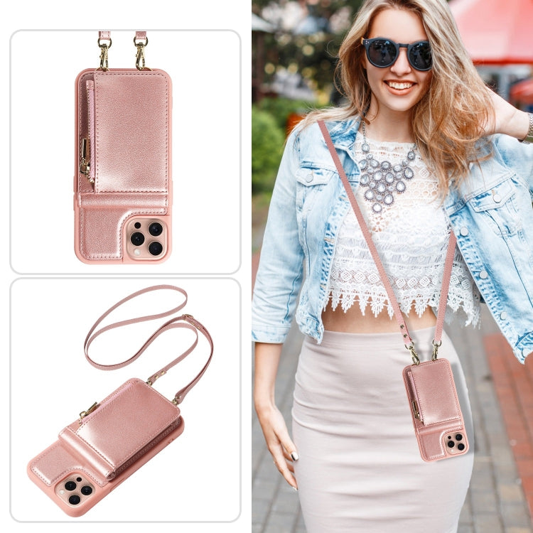 For iPhone 16 Pro Crossbody Lanyard Zipper Wallet Leather Phone Case(Rose Gold)