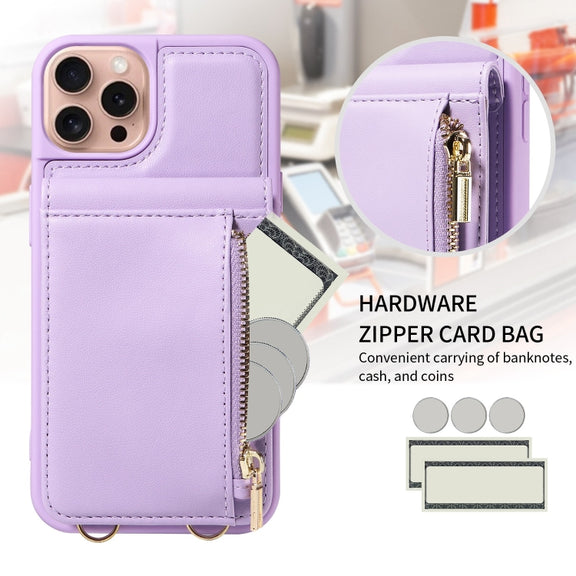 For iPhone 16 Pro Crossbody Lanyard Zipper Wallet Leather Phone Case(Purple)