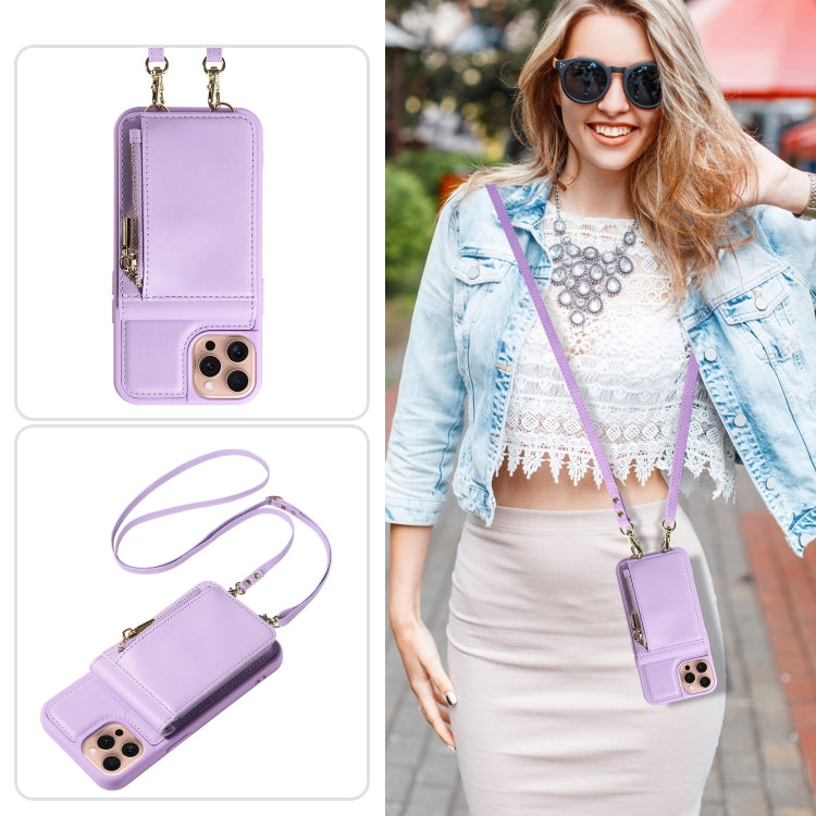 For iPhone 16 Pro Crossbody Lanyard Zipper Wallet Leather Phone Case(Purple)
