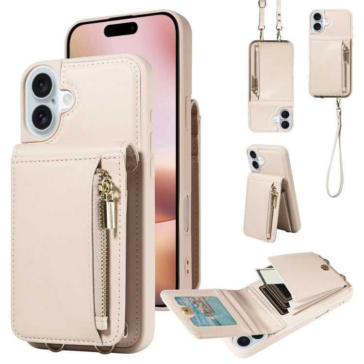 For iPhone 16 Plus Crossbody Lanyard Zipper Wallet Leather Phone Case(Beige) - free shipping - PMC Jewellery - Order now!