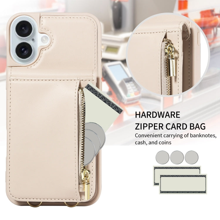 For iPhone 16 Plus Crossbody Lanyard Zipper Wallet Leather Phone Case(Beige) - free shipping - PMC Jewellery - Order now!