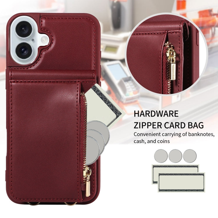 For iPhone 16 Plus Crossbody Lanyard Zipper Wallet Leather Phone Case(Wine Red)