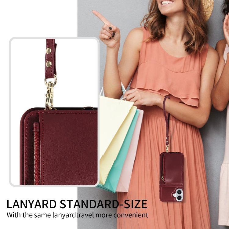 For iPhone 16 Plus Crossbody Lanyard Zipper Wallet Leather Phone Case(Wine Red) - free shipping - PMC Jewellery - Order now!