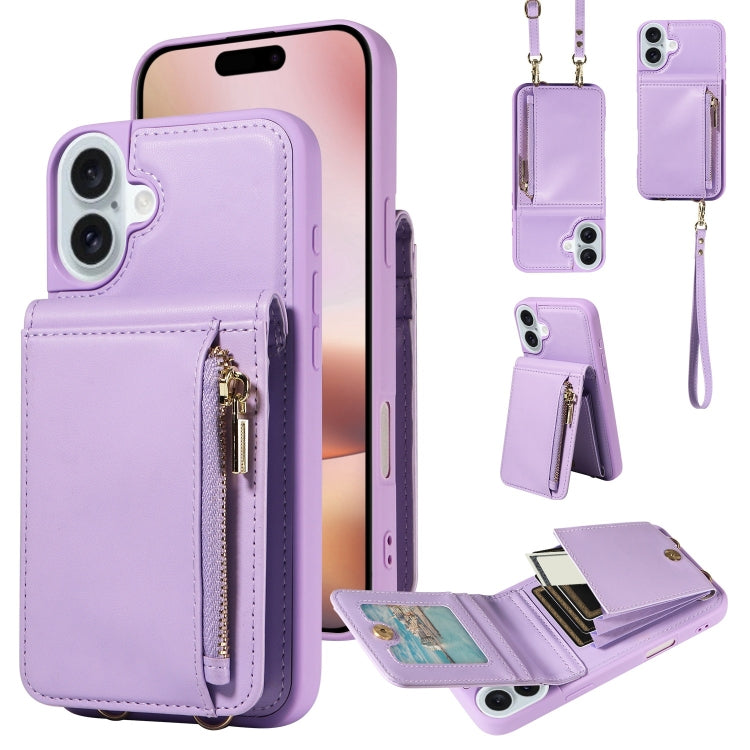 For iPhone 16 Plus Crossbody Lanyard Zipper Wallet Leather Phone Case(Purple) - free shipping - PMC Jewellery - Order now!