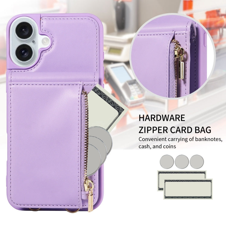 For iPhone 16 Plus Crossbody Lanyard Zipper Wallet Leather Phone Case(Purple) - free shipping - PMC Jewellery - Order now!