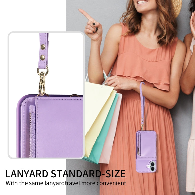 For iPhone 16 Plus Crossbody Lanyard Zipper Wallet Leather Phone Case(Purple) - free shipping - PMC Jewellery - Order now!