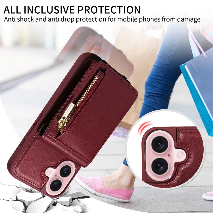For iPhone 16 Crossbody Lanyard Zipper Wallet Leather Phone Case(Wine Red)