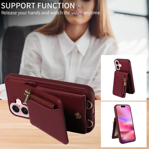 For iPhone 16 Crossbody Lanyard Zipper Wallet Leather Phone Case(Wine Red)