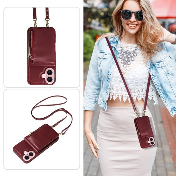 For iPhone 16 Crossbody Lanyard Zipper Wallet Leather Phone Case(Wine Red)