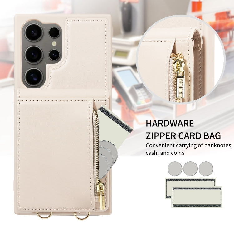 For Samsung Galaxy S24 Ultra 5G Crossbody Lanyard Zipper Wallet Leather Phone Case(Beige)