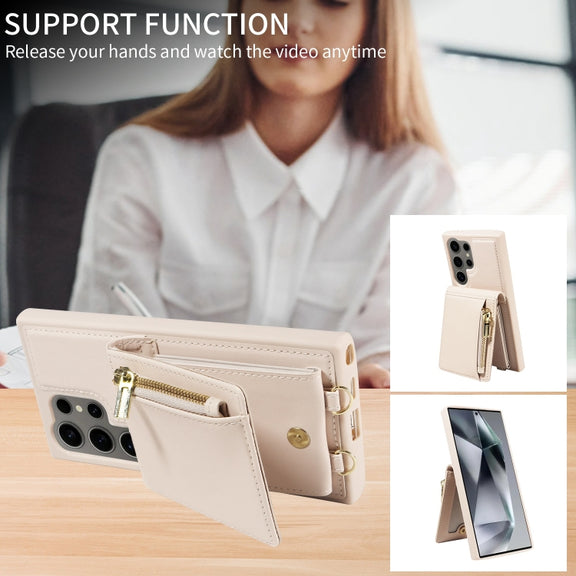 For Samsung Galaxy S24 Ultra 5G Crossbody Lanyard Zipper Wallet Leather Phone Case(Beige)