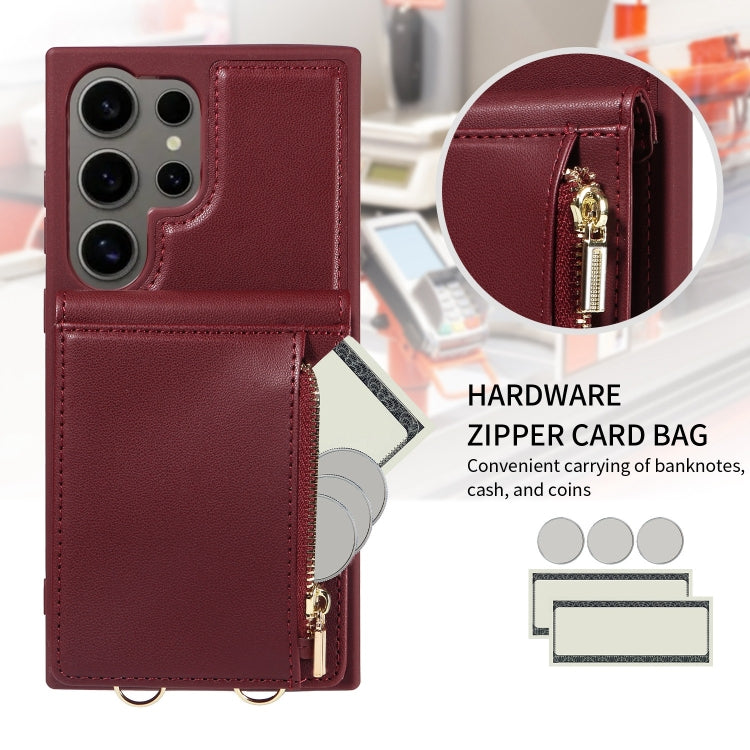 For Samsung Galaxy S24 Ultra 5G Crossbody Lanyard Zipper Wallet Leather Phone Case(Wine Red)