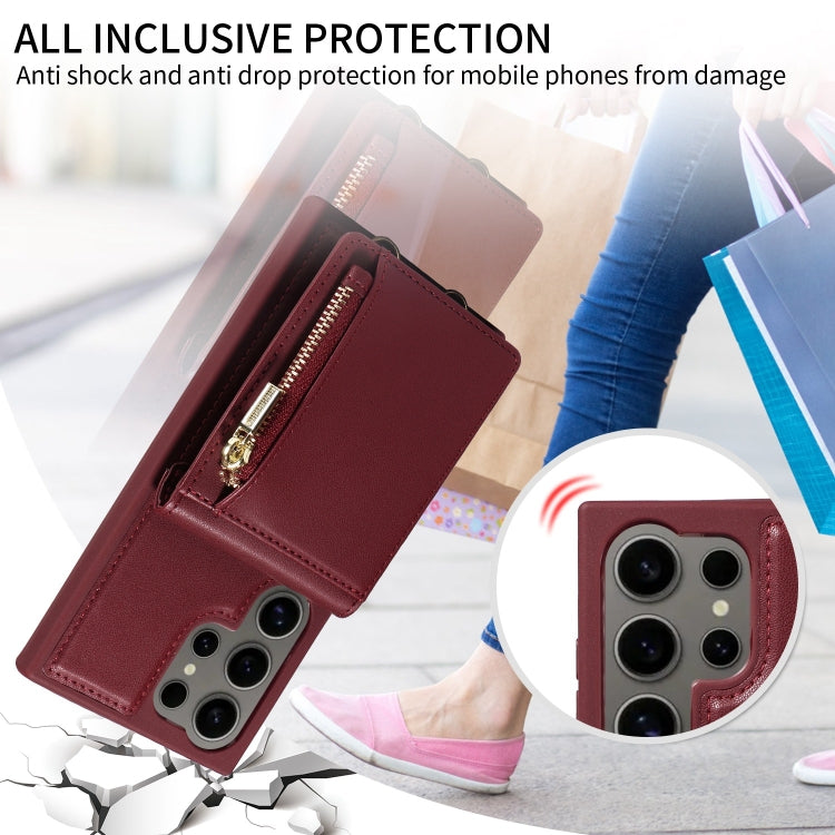 For Samsung Galaxy S24 Ultra 5G Crossbody Lanyard Zipper Wallet Leather Phone Case(Wine Red)