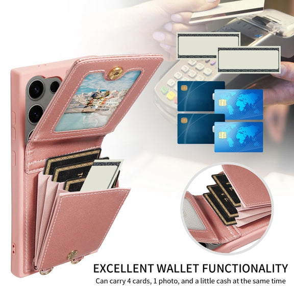 For Samsung Galaxy S24 Ultra 5G Crossbody Lanyard Zipper Wallet Leather Phone Case(Rose Gold)