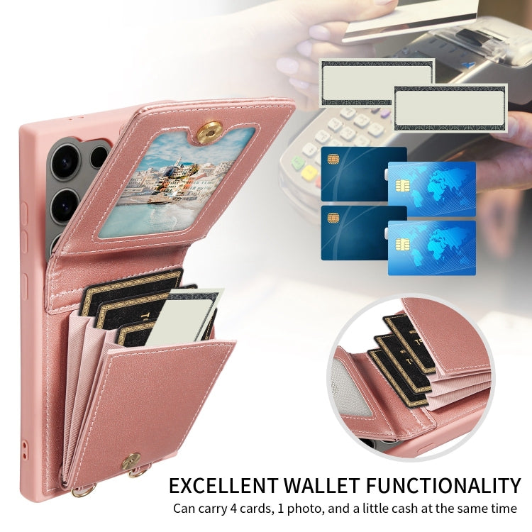 For Samsung Galaxy S24 Ultra 5G Crossbody Lanyard Zipper Wallet Leather Phone Case(Rose Gold)