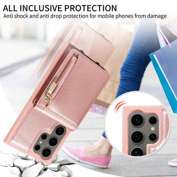 For Samsung Galaxy S24 Ultra 5G Crossbody Lanyard Zipper Wallet Leather Phone Case(Rose Gold)