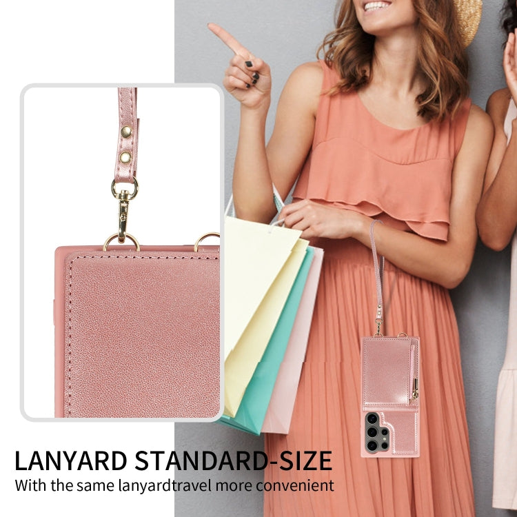 For Samsung Galaxy S24 Ultra 5G Crossbody Lanyard Zipper Wallet Leather Phone Case(Rose Gold)