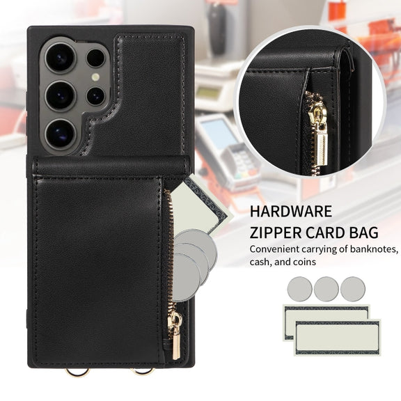 For Samsung Galaxy S24 Ultra 5G Crossbody Lanyard Zipper Wallet Leather Phone Case(Black)