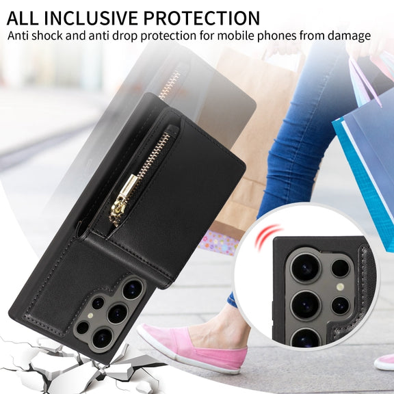 For Samsung Galaxy S24 Ultra 5G Crossbody Lanyard Zipper Wallet Leather Phone Case(Black)