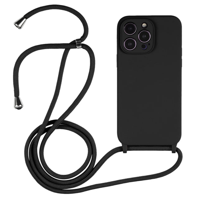 For iPhone 15 Pro Crossbody Lanyard Liquid Silicone Case(Black)