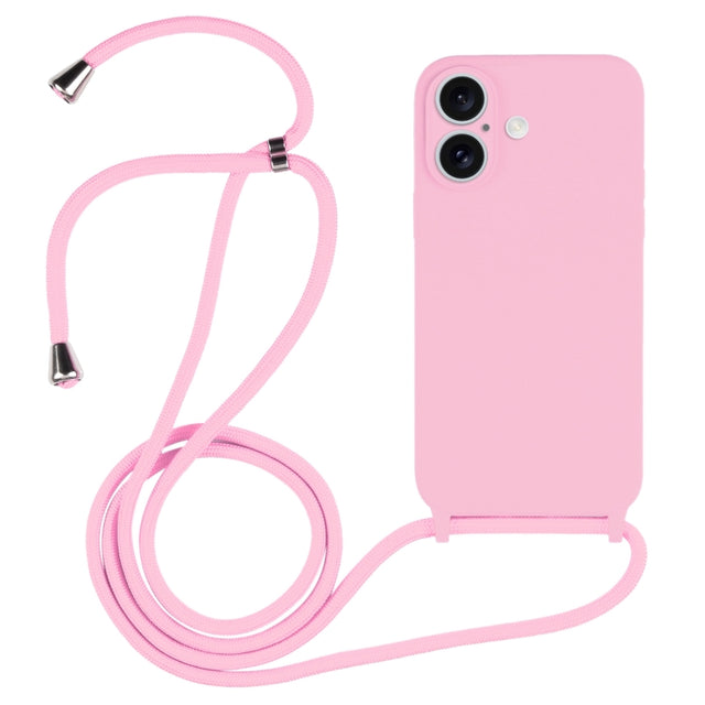 For iPhone 16 Crossbody Lanyard Liquid Silicone Case(Pink)