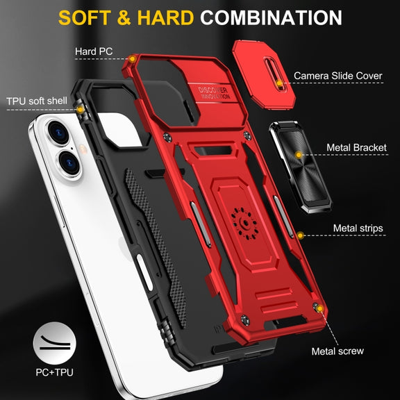 For iPhone 16 Armor PC + TPU Camera Shield Phone Case(Red)