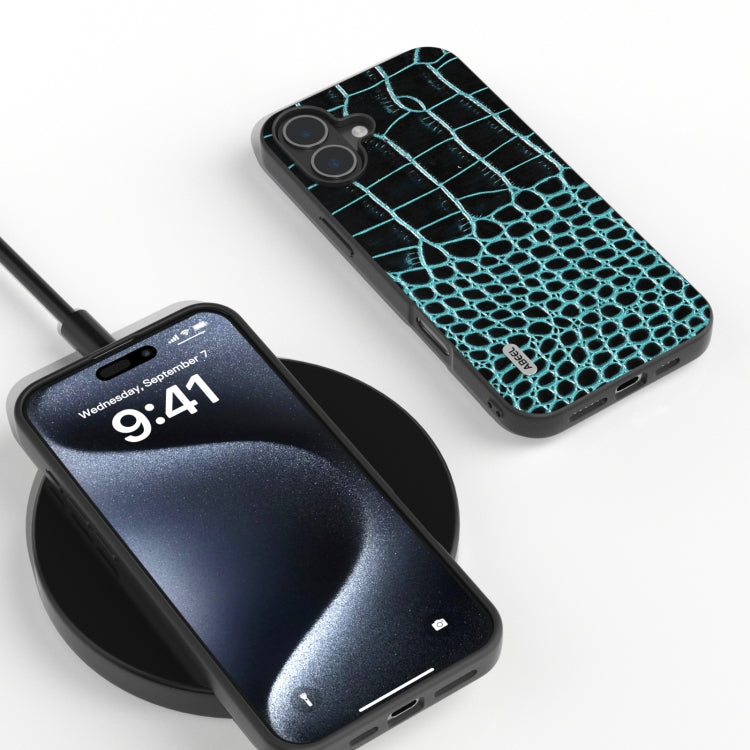 For iPhone 16 Plus ABEEL Genuine Leather Crocodile Pattern Black Edge Phone Case(Blue) - iPhone 16 Plus Cases by PMC TechLife | Online Shopping South Africa | PMC TechLife | Buy Now Pay Later Mobicred