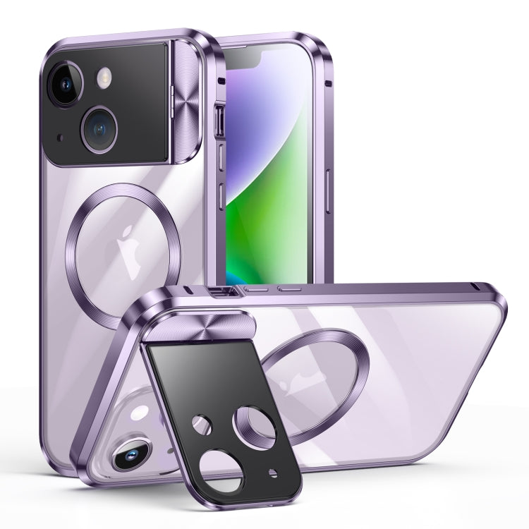 For iPhone 14 Large Window Holder MagSafe Magnetic Metal Phone Case(Purple) - iPhone 14 Cases by PMC TechLife | Online Shopping South Africa | PMC TechLife