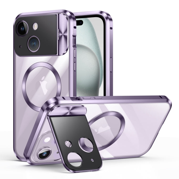 For iPhone 15 Large Window Holder MagSafe Magnetic Metal Phone Case(Purple) - iPhone 15 Cases by PMC TechLife | Online Shopping South Africa | PMC TechLife