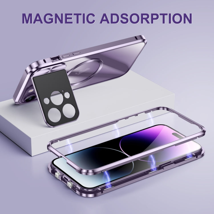 For iPhone 15 Large Window Holder MagSafe Magnetic Metal Phone Case(Purple)