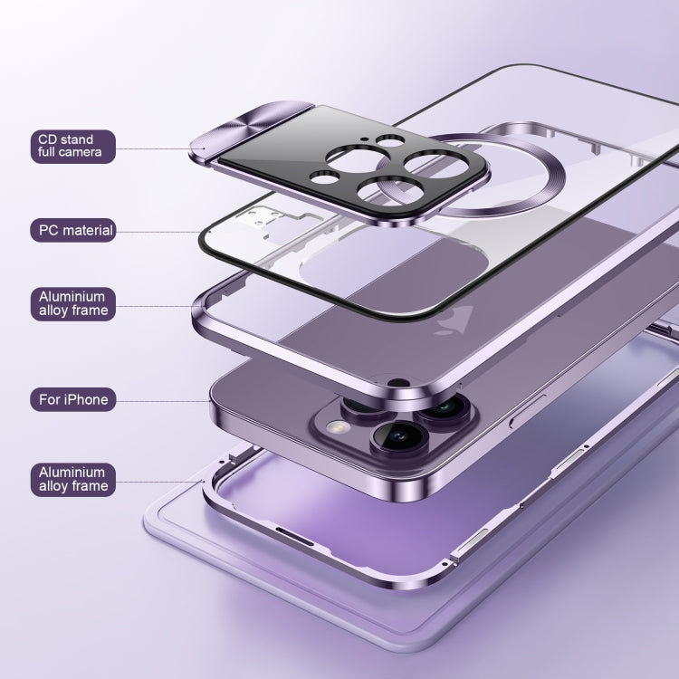 For iPhone 15 Large Window Holder MagSafe Magnetic Metal Phone Case(Purple)