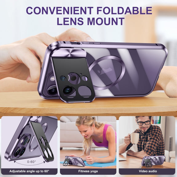 For iPhone 15 Large Window Holder MagSafe Magnetic Metal Phone Case(Purple)