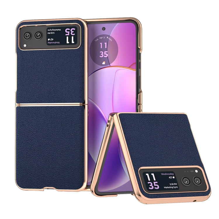 For Motorola Razr 40 Nano Plating Genuine Leather Luolai Series Phone Case(Dark Blue) - Motorola Cases by PMC TechLife | Online Shopping South Africa | PMC TechLife | Buy Now Pay Later Mobicred