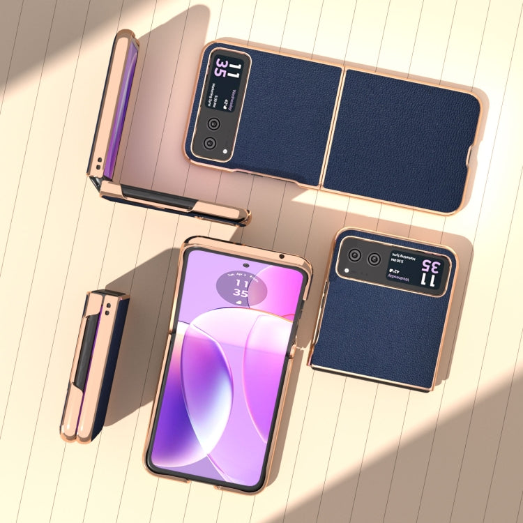 For Motorola Razr 40 Nano Plating Genuine Leather Luolai Series Phone Case(Dark Blue) - Motorola Cases by PMC TechLife | Online Shopping South Africa | PMC TechLife | Buy Now Pay Later Mobicred