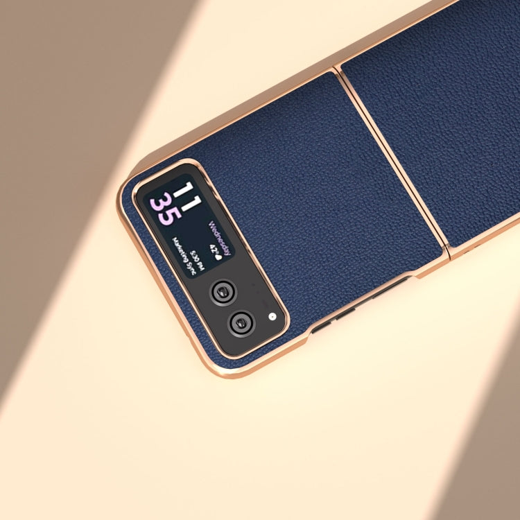 For Motorola Razr 40 Nano Plating Genuine Leather Luolai Series Phone Case(Dark Blue) - Motorola Cases by PMC TechLife | Online Shopping South Africa | PMC TechLife | Buy Now Pay Later Mobicred