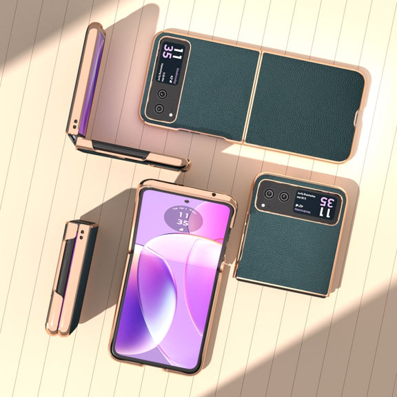 For Motorola Razr 40 Nano Plating Genuine Leather Luolai Series Phone Case(Dark Green)