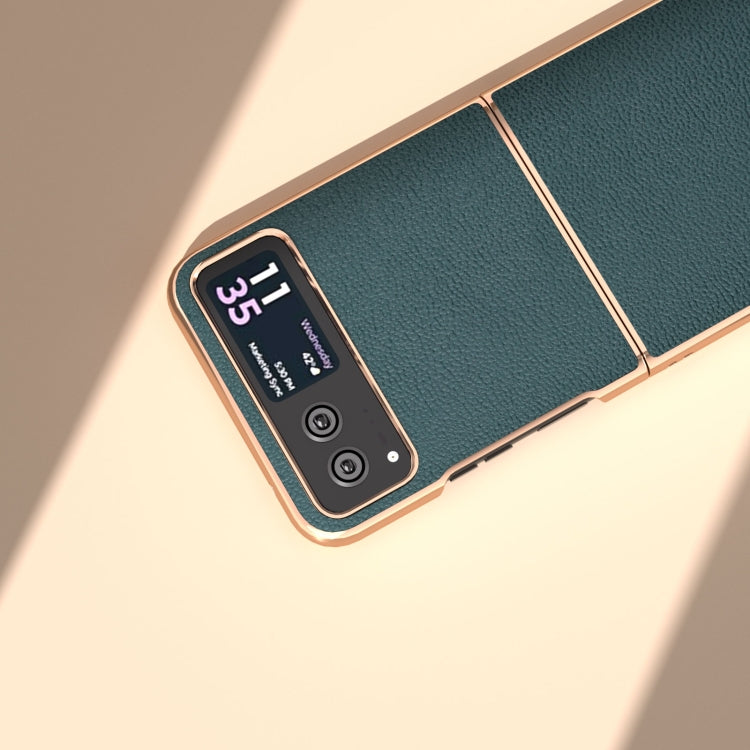 For Motorola Razr 40 Nano Plating Genuine Leather Luolai Series Phone Case(Dark Green) - Motorola Cases by PMC TechLife | Online Shopping South Africa | PMC TechLife | Buy Now Pay Later Mobicred