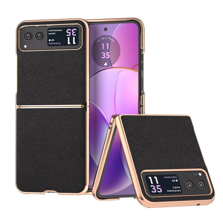 For Motorola Razr 40 Nano Plating Genuine Leather Luolai Series Phone Case(Black) - Motorola Cases by PMC TechLife | Online Shopping South Africa | PMC TechLife | Buy Now Pay Later Mobicred