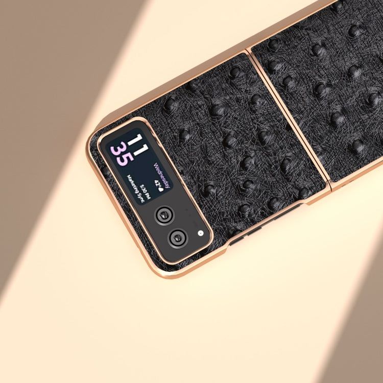 For Motorola Razr 40 Nano Plating Genuine Leather Ostrich Texture Phone Case(Black) - Motorola Cases by PMC TechLife | Online Shopping South Africa | PMC TechLife | Buy Now Pay Later Mobicred