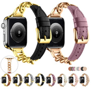 For Apple Watch Series 9 45mm Chain Genuine Leather Watch Band, Size: L(Rose Gold Beige)