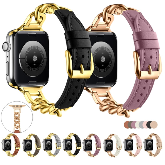 For Apple Watch Series 9 45mm Chain Genuine Leather Watch Band, Size: L(Rose Gold Beige)