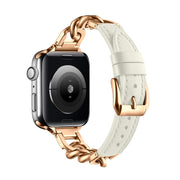 For Apple Watch Series 6 40mm Chain Genuine Leather Watch Band, Size: S(Rose Gold Beige)