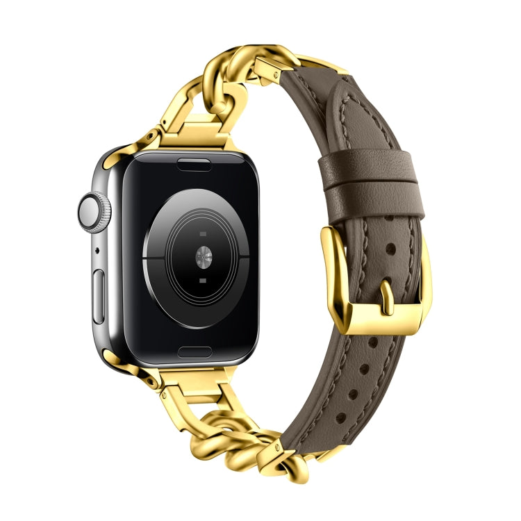 For Apple Watch Series 3 38mm Chain Genuine Leather Watch Band, Size: S(Gold Dark Brown) - free shipping - PMC TechLife - Order now!